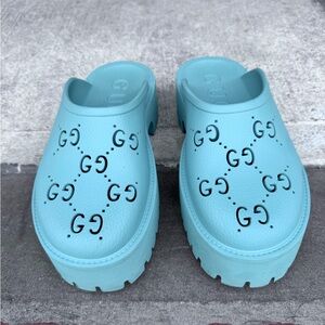 Gucci Blue Mules with Interlocking G Design